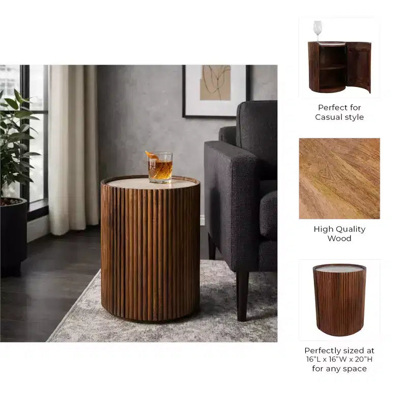 Tavolino laterale decorativo in legno scanalato con piano in marmo e vano contenitore - Piccolo tavolino decorativo per camera da letto o soggiorno