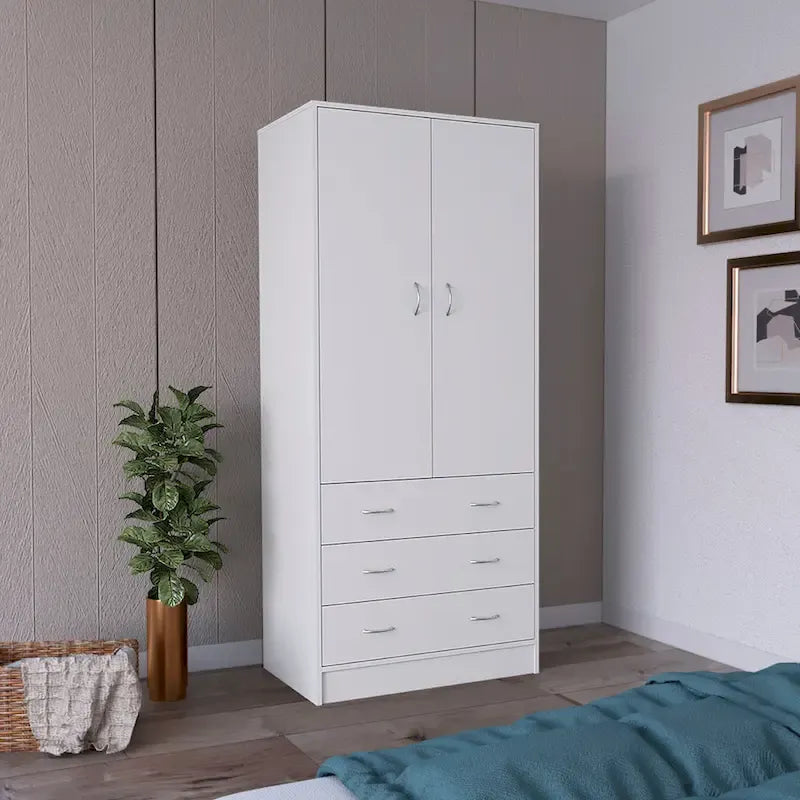 19 Nowoczesna dwudrzwiowa szafa z 3 szufladami i 1 drążkiem na ubrania do sypialni