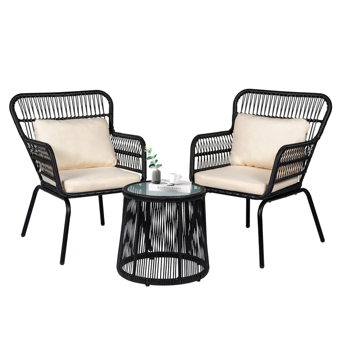 3-teiliges Outdoor-Bistroset aus Korbgeflecht, wetterfeste Rattan-Gartenmöbel mit Stühlen und Kissen