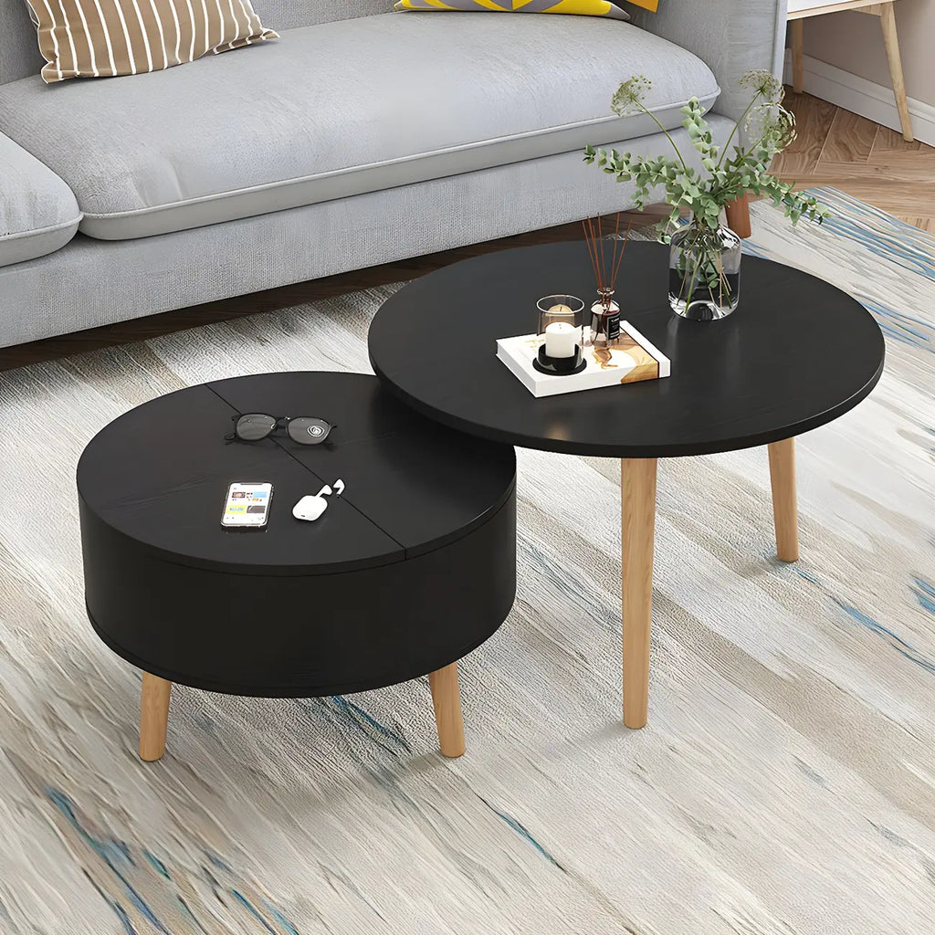 Moderne ronde houten salontafel in zwart-wit met opbergruimte