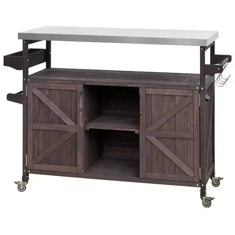 Okak Outdoor-Kücheninsel mit Edelstahlplatte, Küchenwagen aus Holz mit Türen, Ablagen und Gewürzregal, rollende Kücheninsel