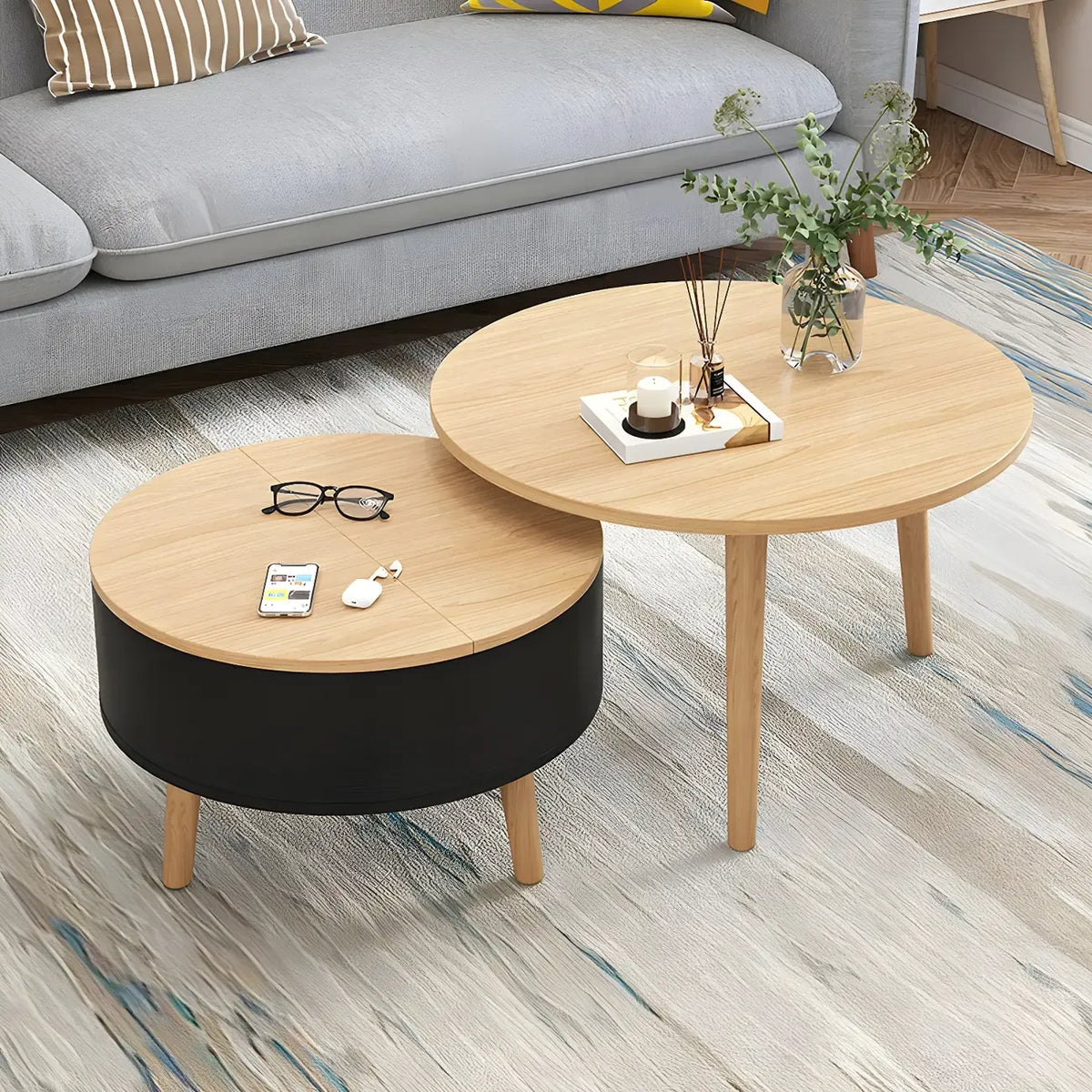Moderne ronde houten salontafel in zwart-wit met opbergruimte