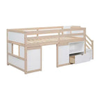 Okak Massivholz-Hochbett für Einzelmatratzen mit Treppe und Stauraum, niedriges Etagenbett mit Schubladen und Regalen, multifunktionales Hochbett für Kinder und Jugendliche