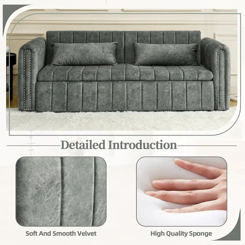 Nowoczesna rozkładana sofa z funkcją spania, tapicerowana aksamitem, z zaokrąglonymi podłokietnikami ozdobionymi miedzianymi ćwiekami