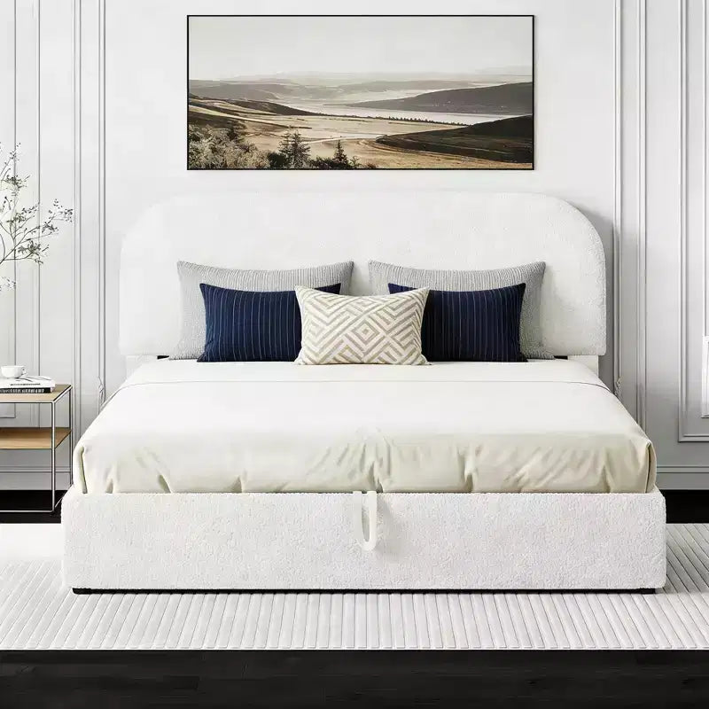 Gestoffeerd queensize bed met opbergruimte en liftmechanisme - wit