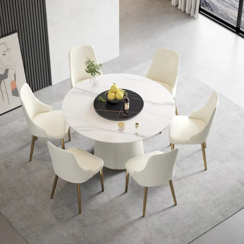 Table ronde de salle à manger de 53 pour 6 personnes, avec plateau en pierre frittée et plateau tournant