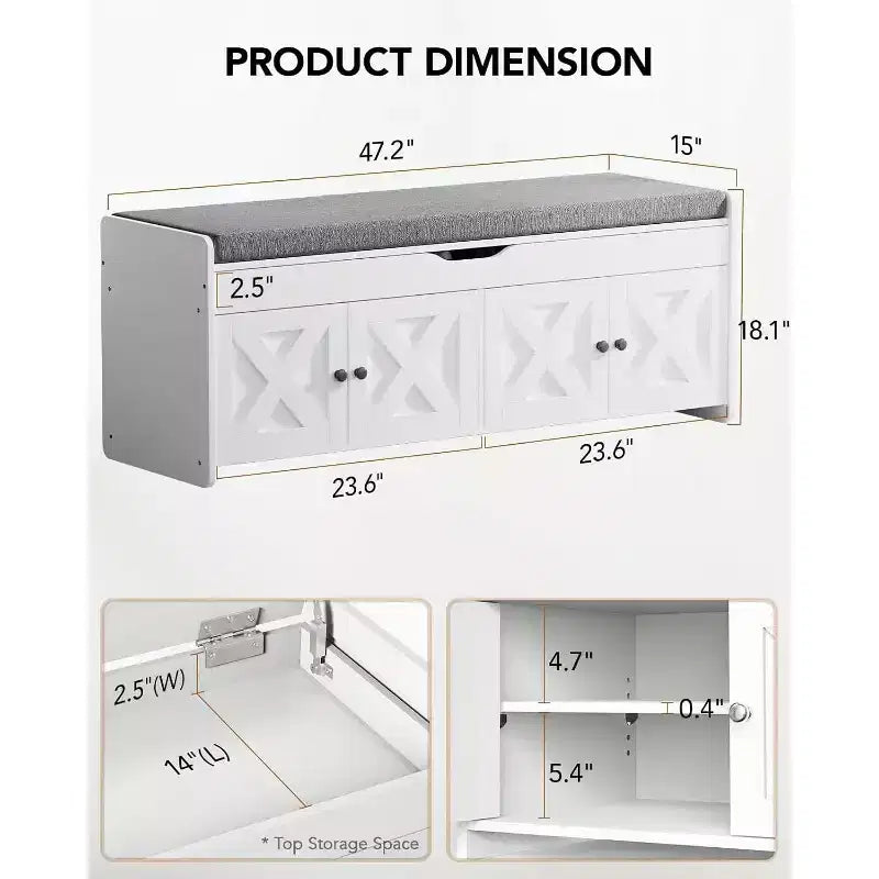 Banc à chaussures avec rangement, banc d’entrée de 47.2 po de long avec siège rembourré et compartiment de rangement à couvercle relevable, 4 portes, capacité de 300 lb, avec range-chaussures pour l’entrée