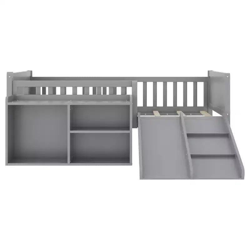 Whisen laag halfhoog bedframe van eenpersoonsformaat voor kinderen, met glijbaan, verplaatsbare boekenplank met opbergruimte en veiligheidsleuningen