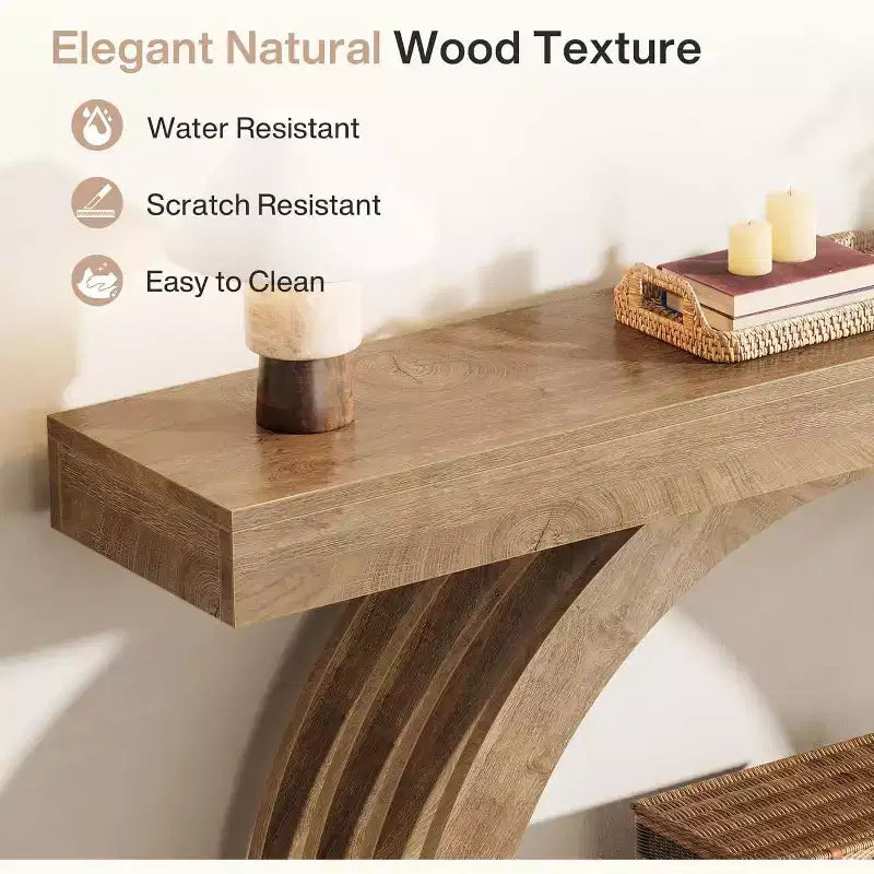 Lantine 63-Zoll-Eingangstisch, zweistöckiger Sofatisch hinter dem Sofa, schmale, einzigartige Konsole im Landhausstil mit Bogenform für Flur, Wohnzimmer und Eingangsbereich, naturfarben