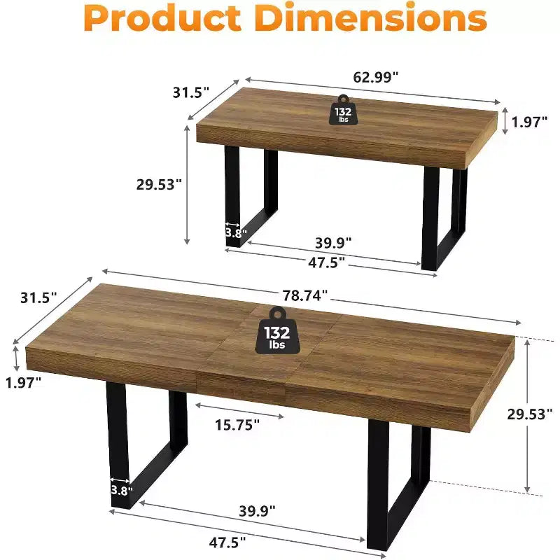 Zevemomo uitschuifbare eettafel van 63-78.7, rechthoekige keukentafel voor 6-10 personen met metalen rail en taps toelopende U-vormige poten voor eetkamer of kantoor - bruin