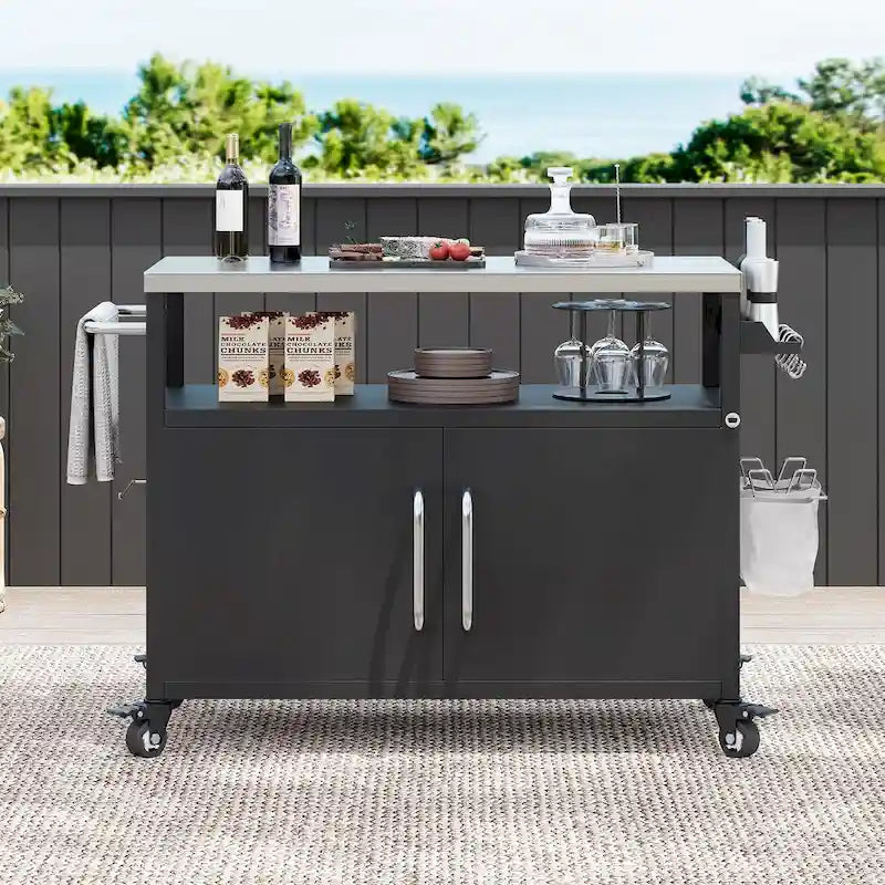 Outdoor-Kücheninsel mit Edelstahl-Tischplatte, Grillwagen aus Metall mit Stauraumschrank - N/A