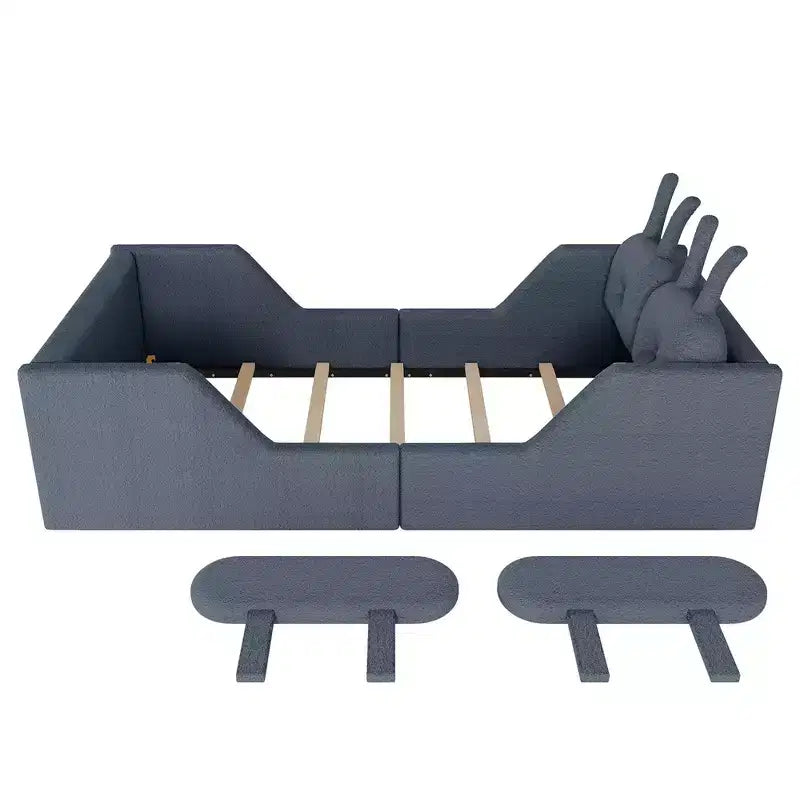Whisen eenpersoonsbed met platform, gestoffeerd kinderbedframe voor op de vloer met konijnenkussen en afneembare zijhekken