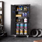 Garagekast op wielen met gereedschapsbord, afsluitbare metalen opbergkast van 72 H met 2 deuren en 4 verstelbare planken voor de garagewerkplaats