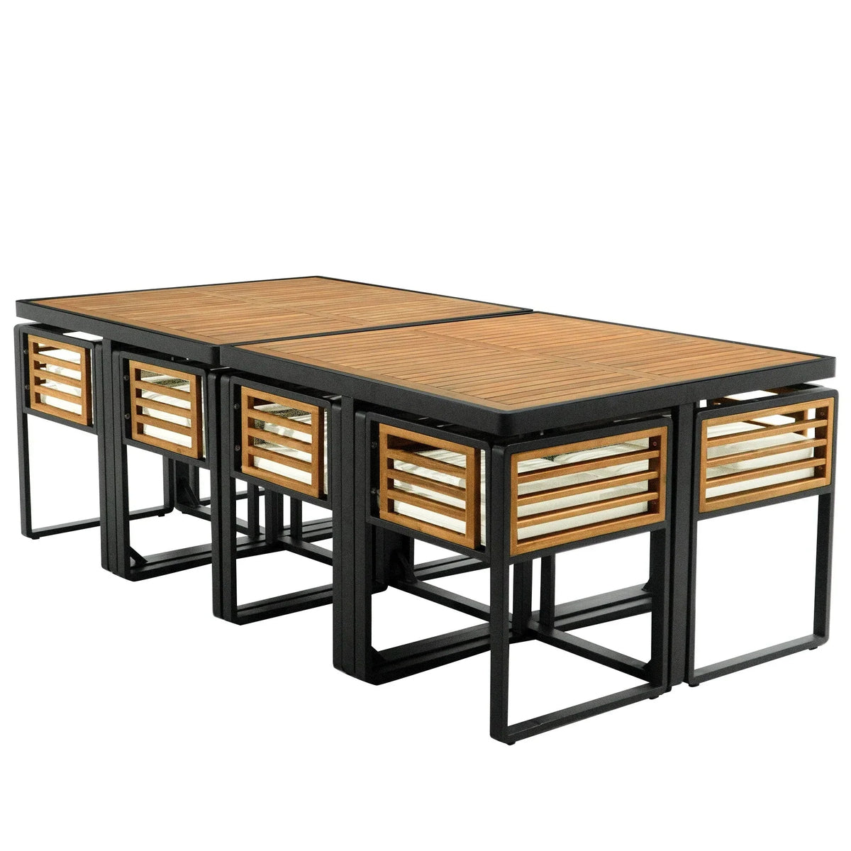 18-teiliges Garten-Esszimmer-Set aus Akazienholz, 8 gepolsterte Stühle, 8 Hocker und 2 quadratische Tische