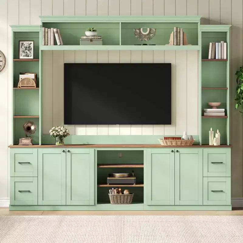 ModernLuxe 4-in-1-Unterhaltungszentrum im Landhausstil, passend für Fernseher bis 70, TV-Ständer-Medienkonsole mit verstellbaren Einlegeböden und Schubladen