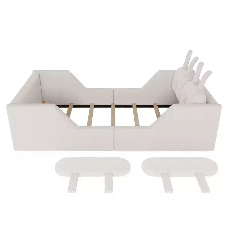 Whisen eenpersoonsbed met platform, gestoffeerd kinderbedframe voor op de vloer met konijnenkussen en afneembare zijhekken