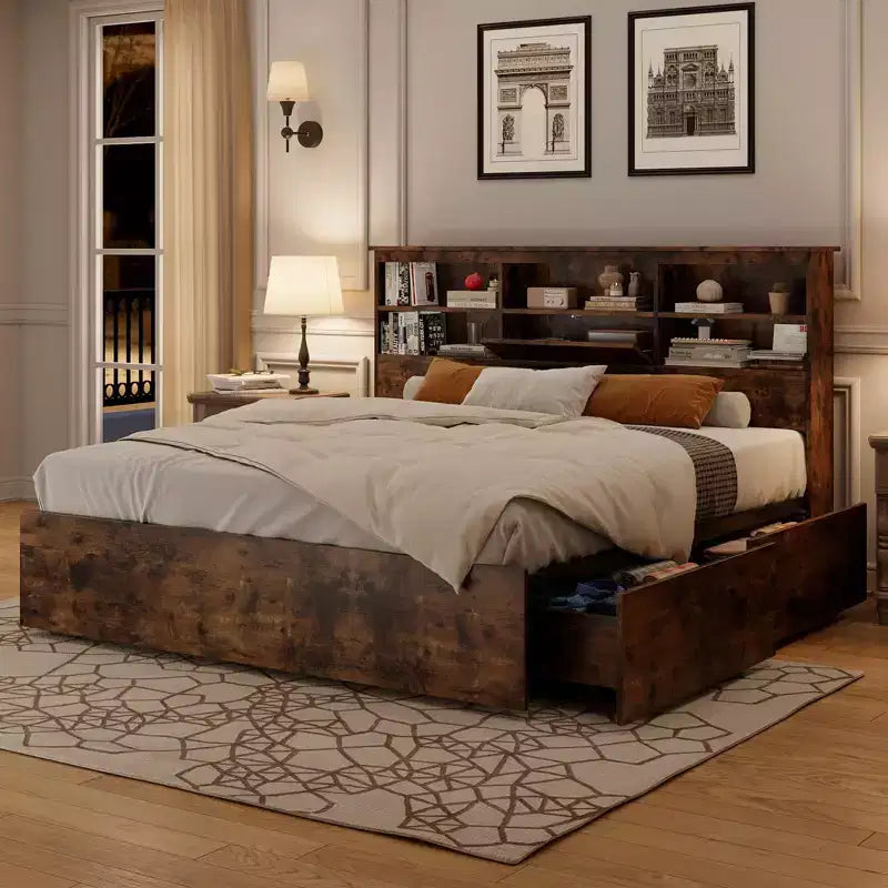 Estrutura de cama de casal com cabeceira de arrumação, estrutura de madeira com 4 gavetas, estante de arrumação e cama de plataforma king size com suporte metálico resistente