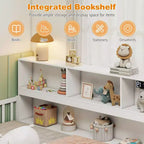 Letto Montessori a terra Twin/Full con libreria, ripiani contenitori e sponde di sicurezza, bianco/grigio
