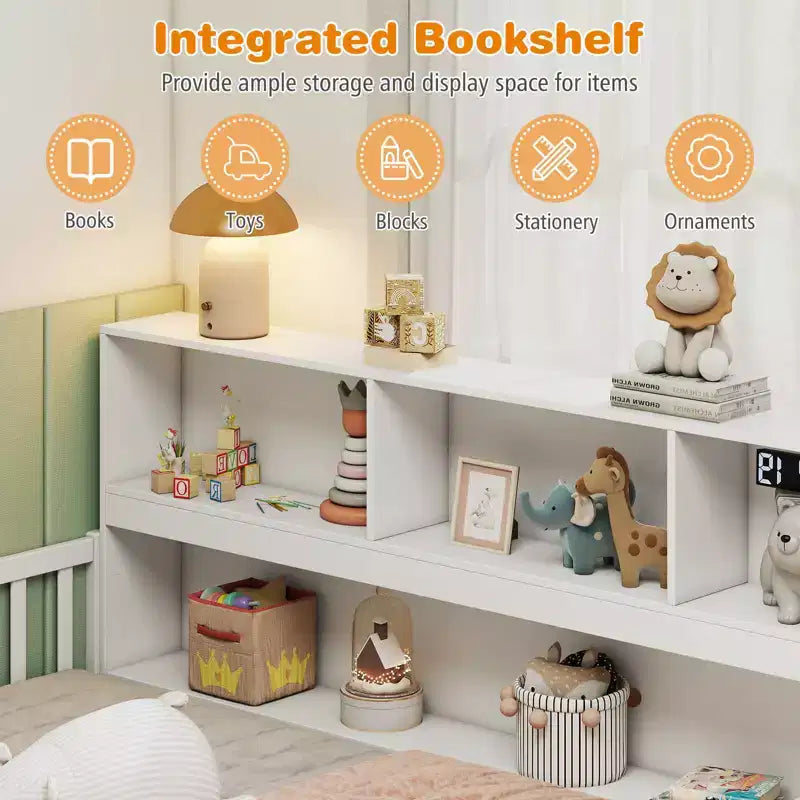 Letto Montessori a terra Twin/Full con libreria, ripiani contenitori e sponde di sicurezza, bianco/grigio