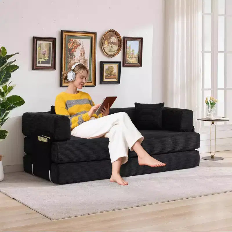 Slaapbank, 78.8, 5-in-1 opvouwbare matrasbank/tweezitsbank, stalen frame met vaste vorm, corduroy met kussens