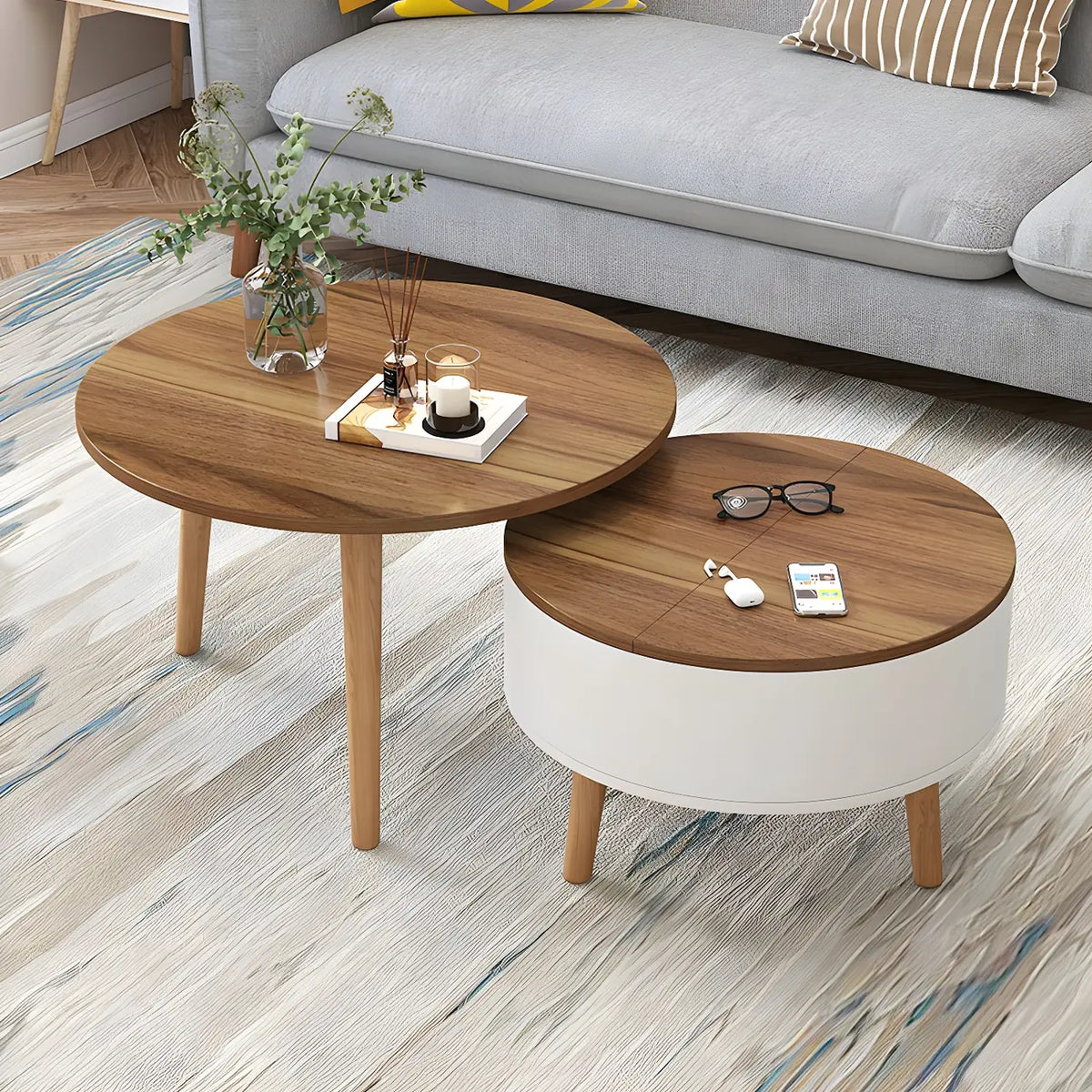 Moderne ronde houten salontafel in zwart-wit met opbergruimte