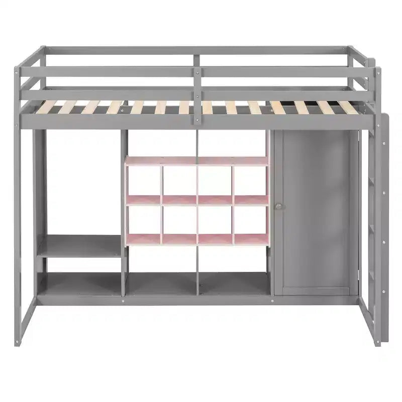 Kinder-Hochbett mit Kleiderschrank und Regalen, Holz-Hochbettrahmen mit Stauraumschrank für Kinder und Jugendliche