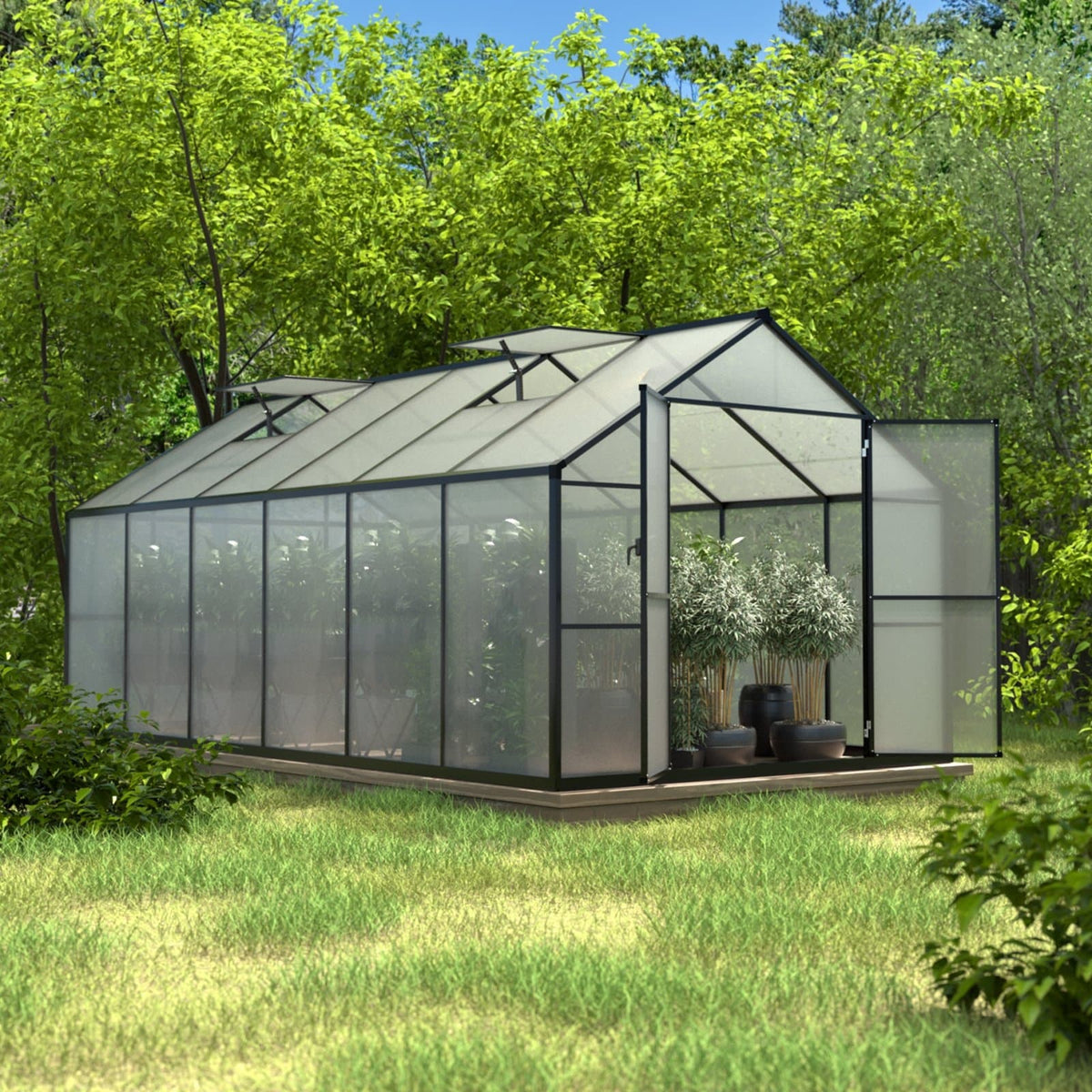 VEIKOUS Aluminum Walk-In Garden Greenhouse Kit with Adjustable Roof Vent and Lockable Door Grey