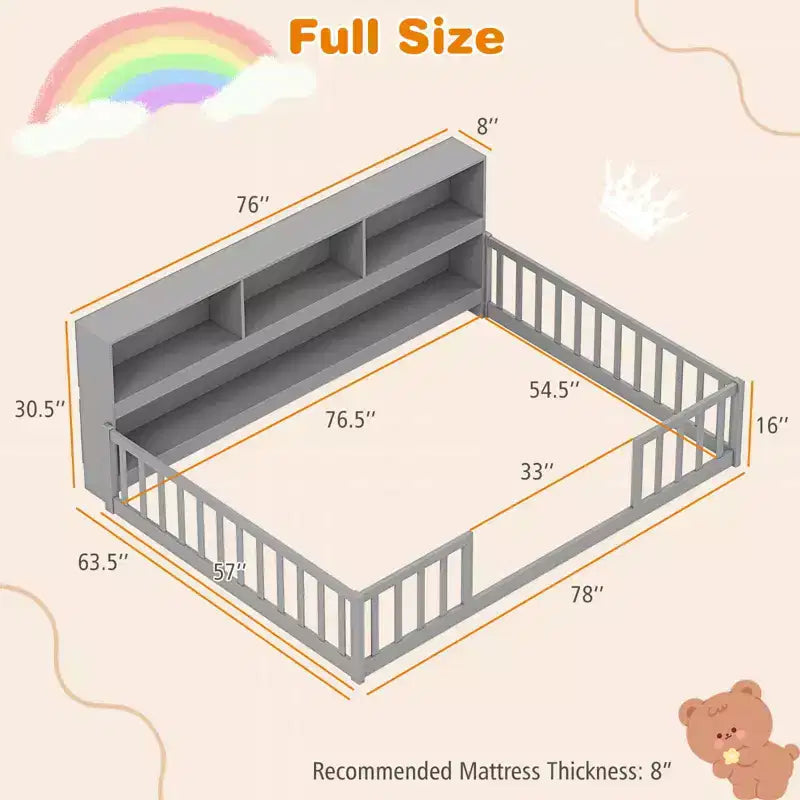 Letto Montessori a terra Twin/Full con libreria, ripiani contenitori e sponde di sicurezza, bianco/grigio