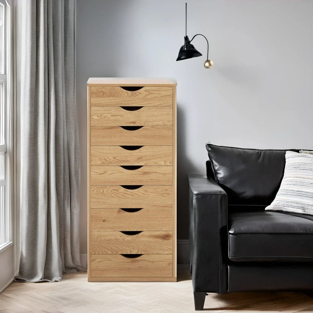 Schmaler Holzschrank mit 9 Schubladen, leichtgängigen Schubladen und oberem Ablagefach