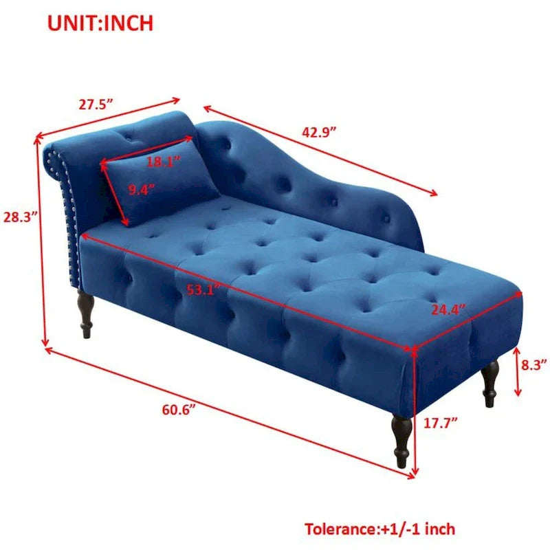 Moderne Chaiselongue, 60.6, mit Samtbezug, Knopfheftung, Beinen aus Massivholz und Ziernägeln