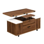 Table basse moderne multifonctionnelle à plateau relevable avec rangement caché, 4 tabourets et roulettes, idéale pour les espaces de vie modernes