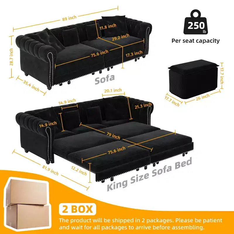Whisen Schlafsofa aus Samt, 3-in-1, King Size, ausziehbar und umwandelbar, mit beweglichem Ottomanen, gestepptes Design