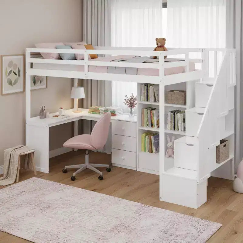 Halfhoogslaper in eenpersoonsmaat met L-vormig bureau, 3 laden, kast, opbergruimte in de trap, frame van massief grenenhout en MDF