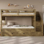 Whisen Twin XL Bunk Bed Frame with Trundle, Bunk Bed with Storage, Bunk Bed with Solid Wood, Storage Staircase, Wardrobe, 3Drawer, for Kids