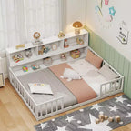 Letto Montessori a terra Twin/Full con libreria, ripiani contenitori e sponde di sicurezza, bianco/grigio