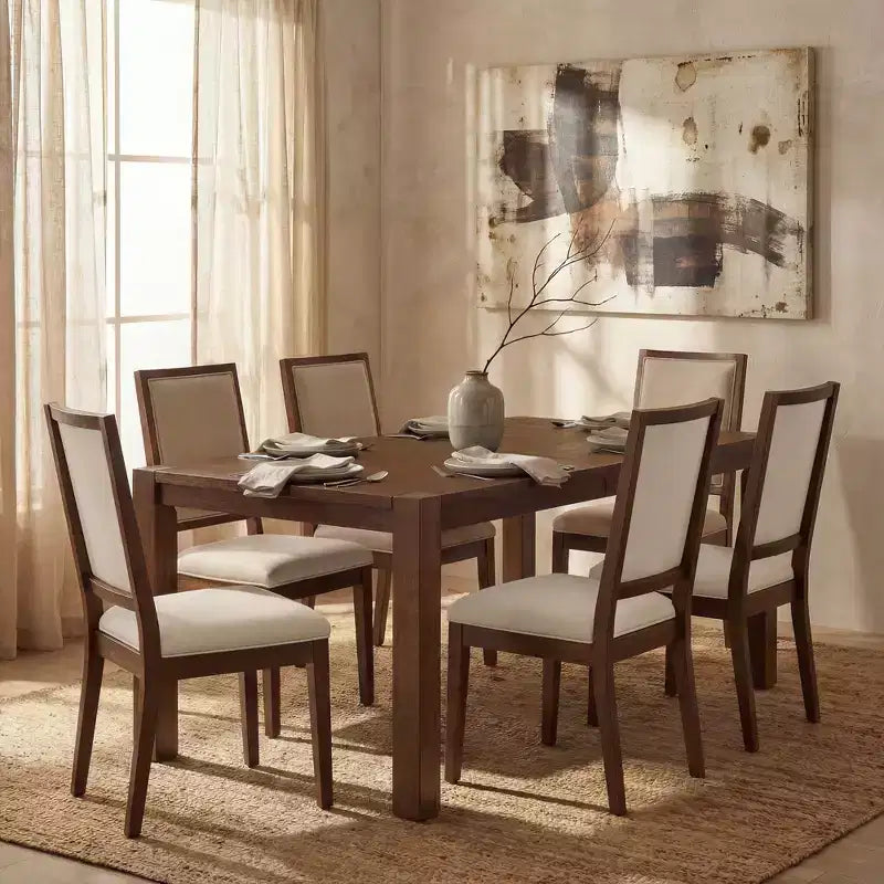 Moderne eetset - 80 tafel + 6 gestoffeerde stoelen, massief houten frame, tafelcapaciteit van 400 lbs, eenvoudig te monteren