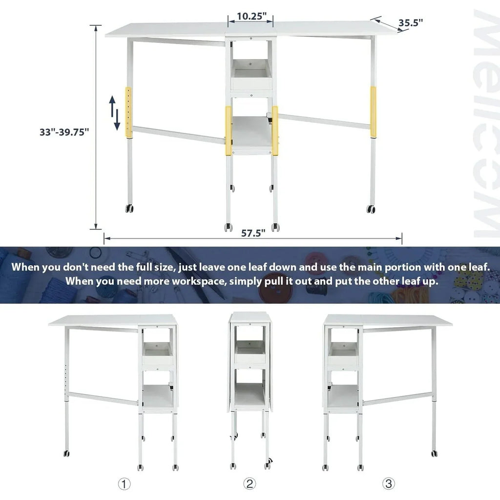 Table d’activités réglable en hauteur avec étagères de rangement, table de découpe pliante et mobile pour bureau à domicile, couture ou loisirs créatifs