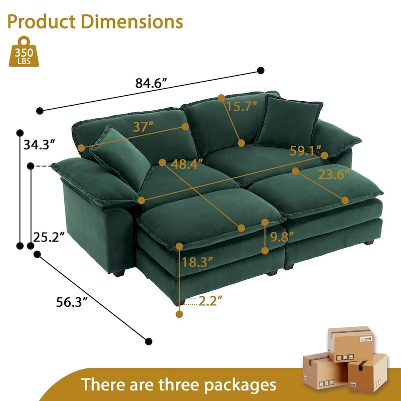 2-Sitzer-Sofa mit 2 Sitzkissen, 2 Kissen und 2 Hockern, bequemes Sofa - tiefes Sofa fürs Wohnzimmer, modulares Sofa