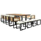 18-teiliges Garten-Esszimmer-Set aus Akazienholz, 8 gepolsterte Stühle, 8 Hocker und 2 quadratische Tische
