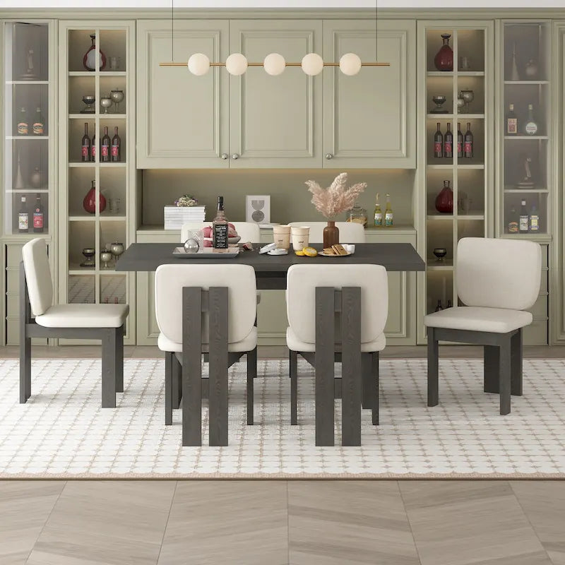 Conjunto de jantar de madeira de estilo de transição, com 7 peças, mesa retangular e 6 cadeiras