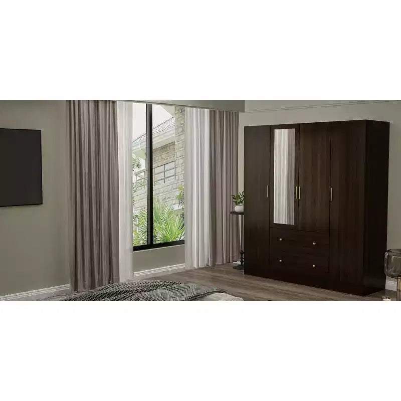 Armário Hitow com 2 gavetas grandes, zona central para pendurar roupa e espelho, estilo minimalista