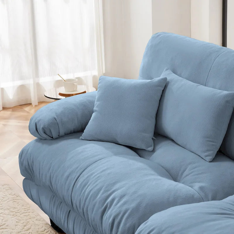 Narożna sofa dwuosobowa w kształcie litery L z tapicerką chenille i poduszkami lędźwiowymi