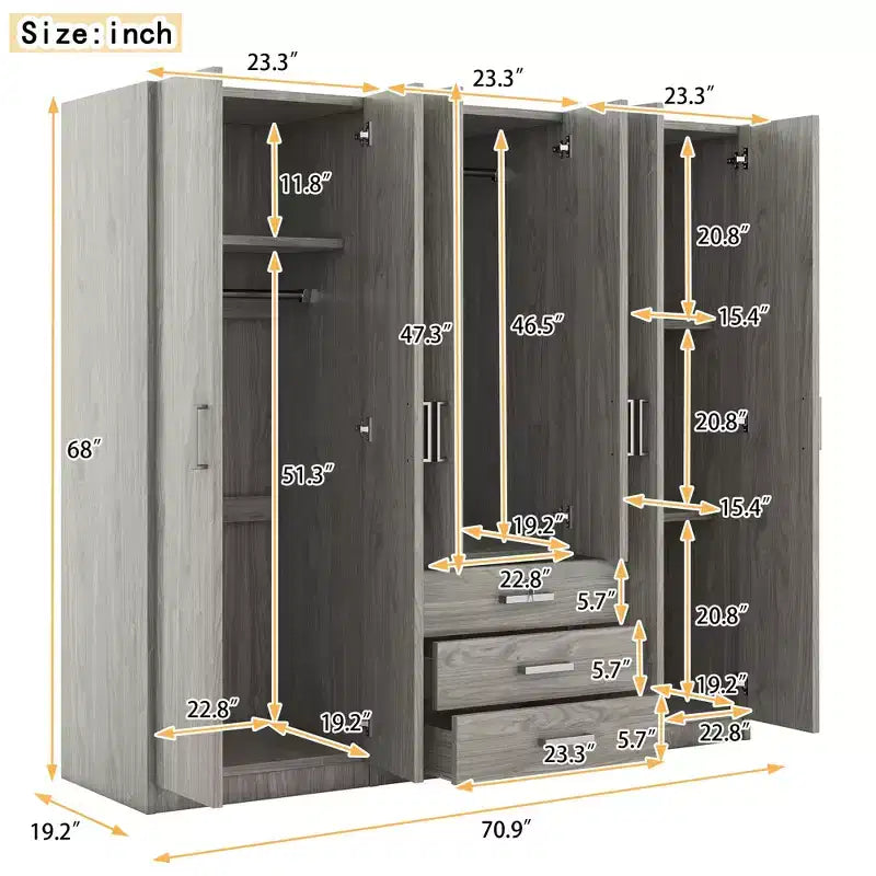 Guarda-roupa de madeira com 6 portas e gavetas para quarto