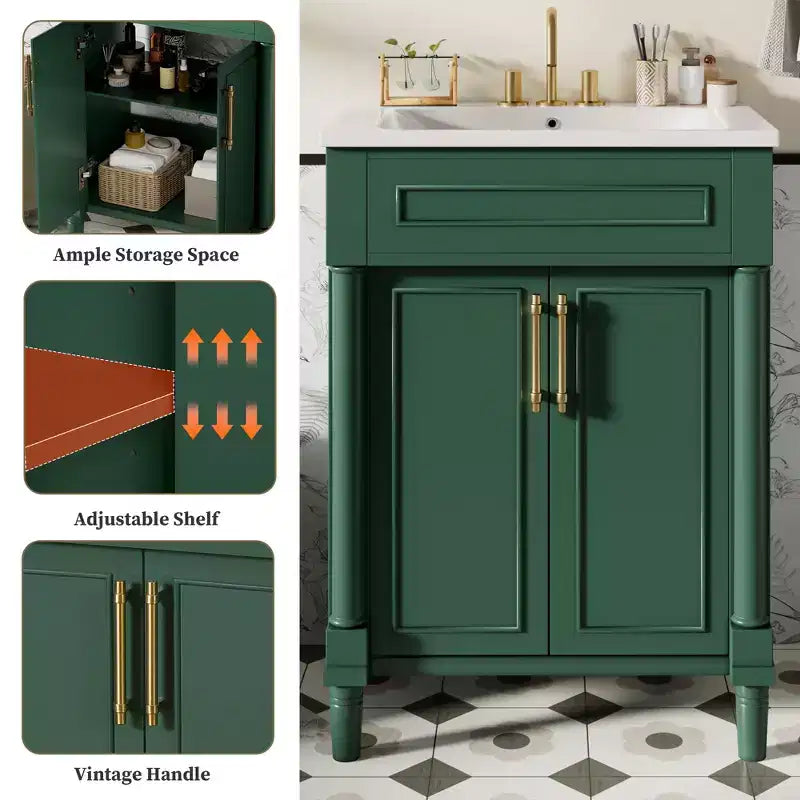 Badkamermeubel van 24 met keramische wastafel, kast in shakerstijl, 2 softclosedeuren en massiefhouten frame, voor een kleine badkamer of toiletruimte