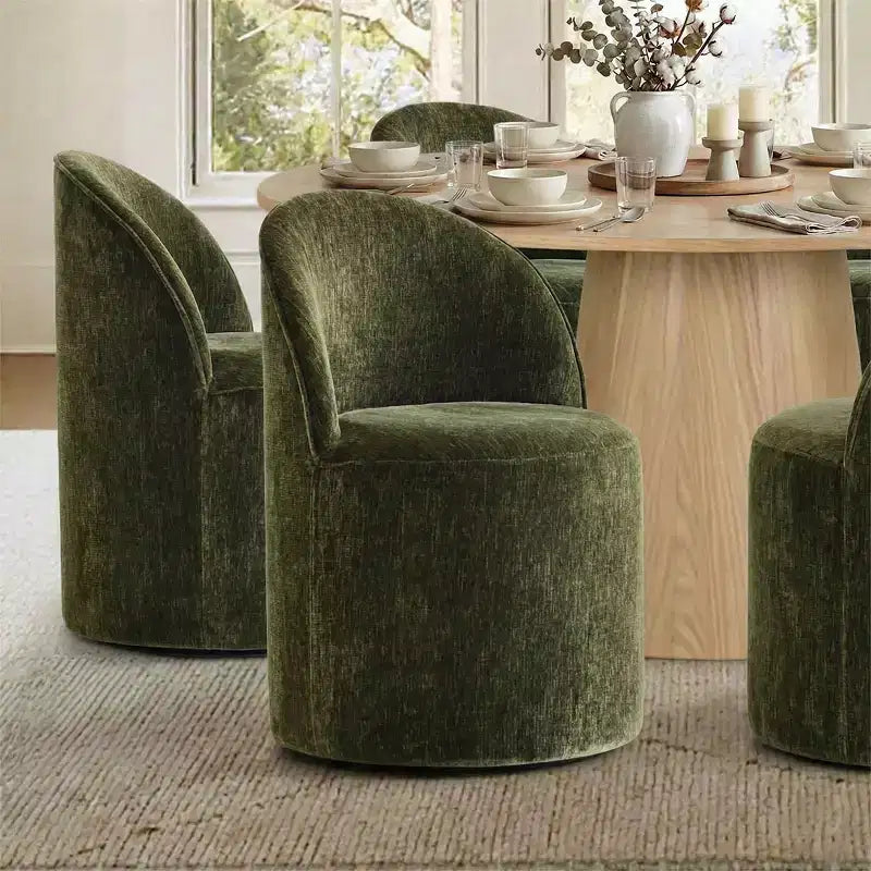 Conjunto de jantar moderno para 6 pessoas, mesa redonda com pé central, cadeiras giratórias tipo barril com rodas, chenille texturizado - Panipeachy