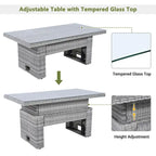 Conjunto de mobiliário de exterior em rattan, com mesa ajustável, cadeiras reclináveis e 2 pufes