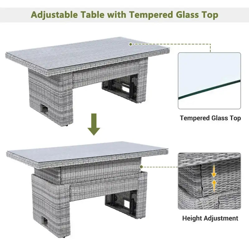 Conjunto de mobiliário de exterior em rattan, com mesa ajustável, cadeiras reclináveis e 2 pufes