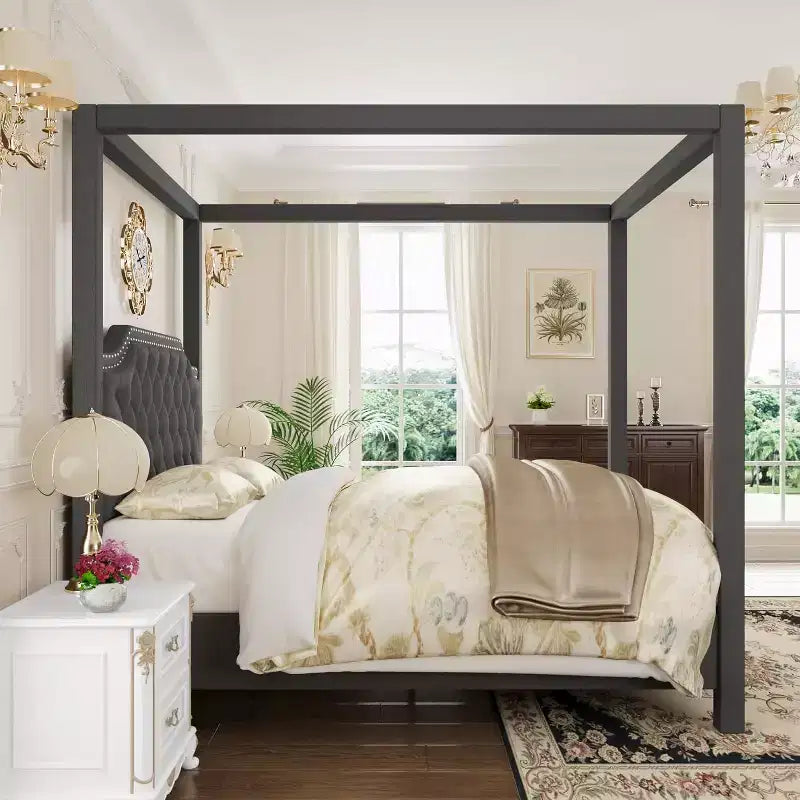 Estrutura de cama de dossel Queen com postes e suportes para os 4 cantos, estrado de ripas em madeira maciça, não necessita de sommier, sem ruídos