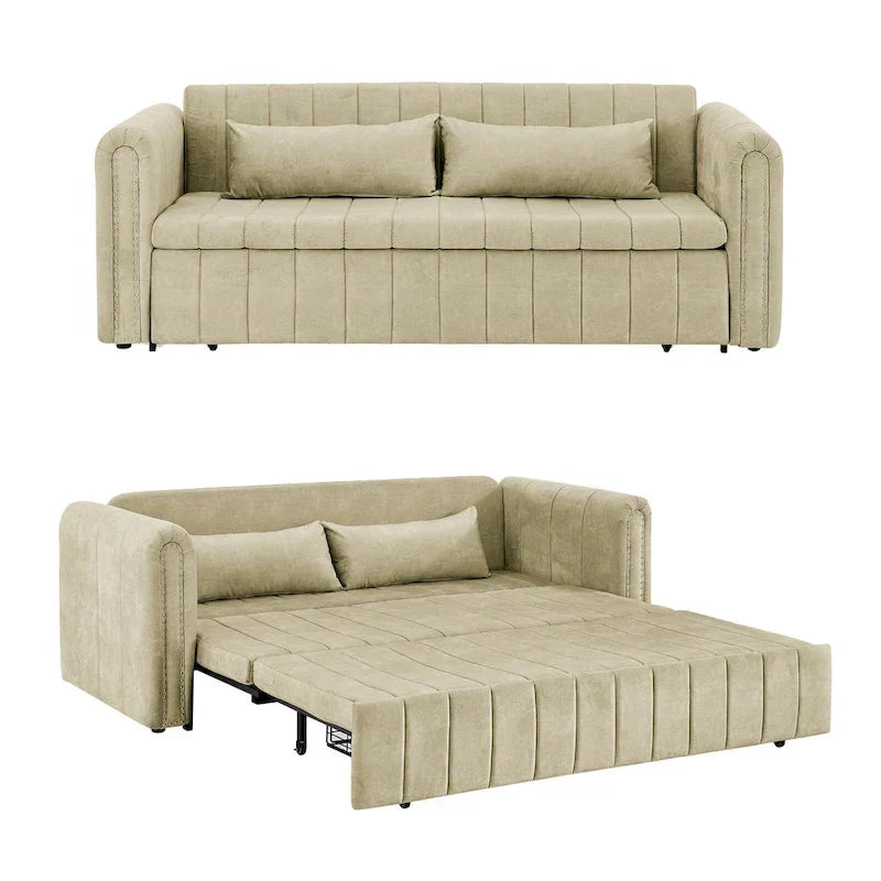 Nowoczesna rozkładana sofa z funkcją spania, tapicerowana aksamitem, z zaokrąglonymi podłokietnikami ozdobionymi miedzianymi ćwiekami