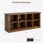 Bücherregal mit 8 Fächern, im Landhausstil, waagerecht, 62 Inch, aus Holz, für den Eingangsbereich, langes, niedriges Bücherregal fürs Wohnzimmer